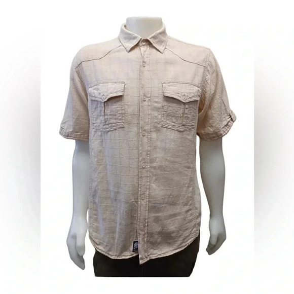 Point Zero Linen Blend Beige Short Sleeve  Button Down Shirt Size Large - Picture 1 of 11